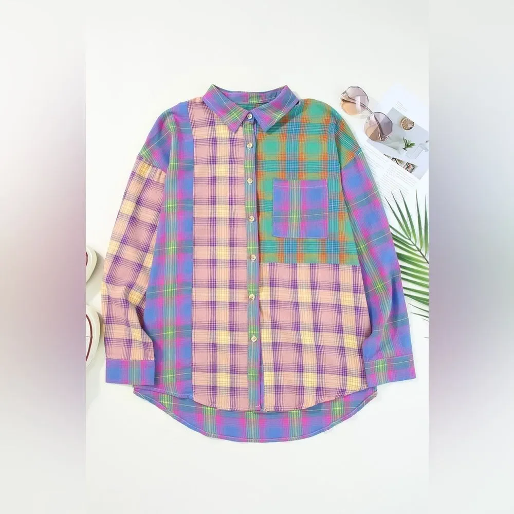 Multicolored Contrast Plaid Pocketed Collared Neck Shirt - Picture 2 of 3